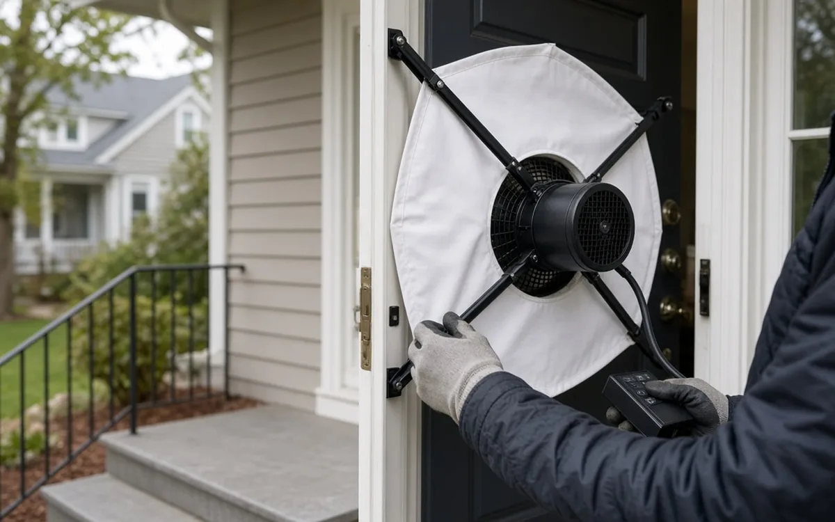 Technician in gloves fitting a white fabric blower-door panel with a black fan into a home's open front doorway