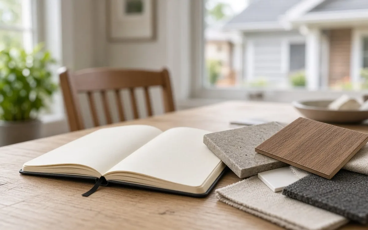 Open blank notebook next to stone, wood and textured board samples on a dining table by a front window