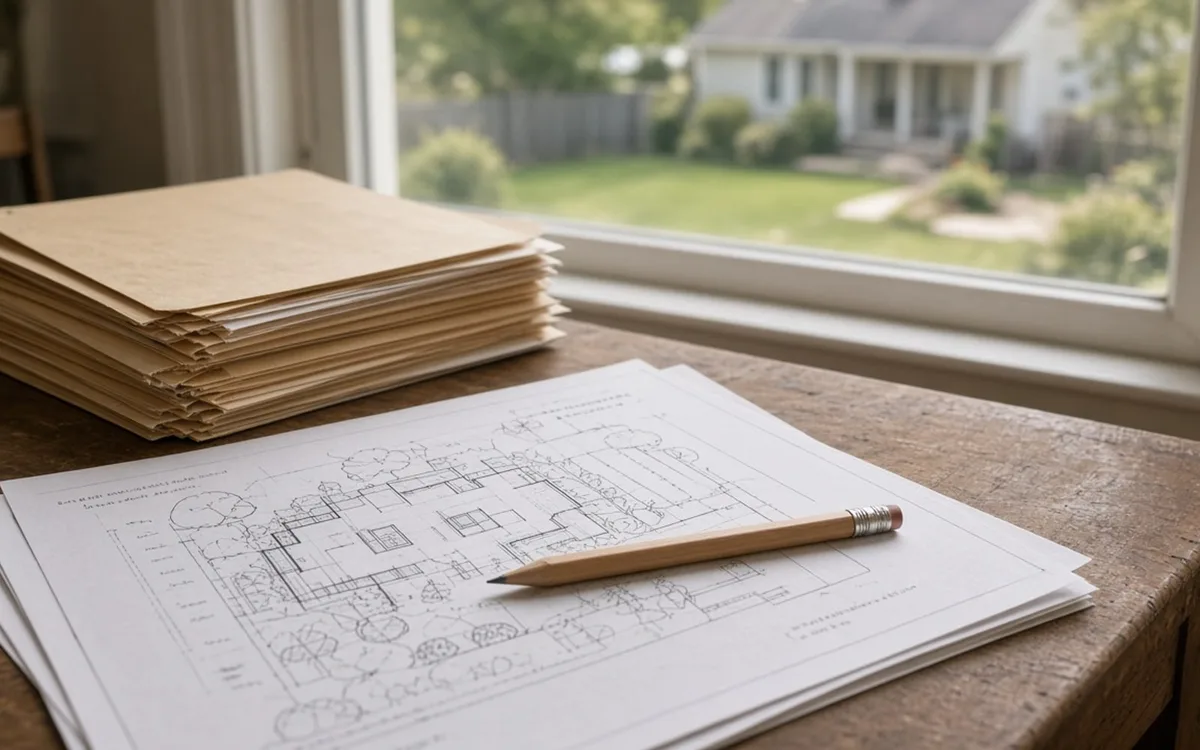 Printed site and floor plan with a pencil on top, beside a stack of kraft folders on a desk by a window