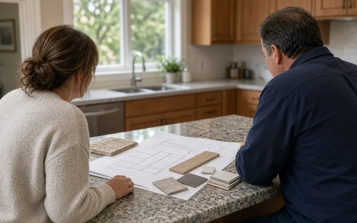 Couple at a granite kitchen counter looking over a floor plan with small wood, stone and tile samples