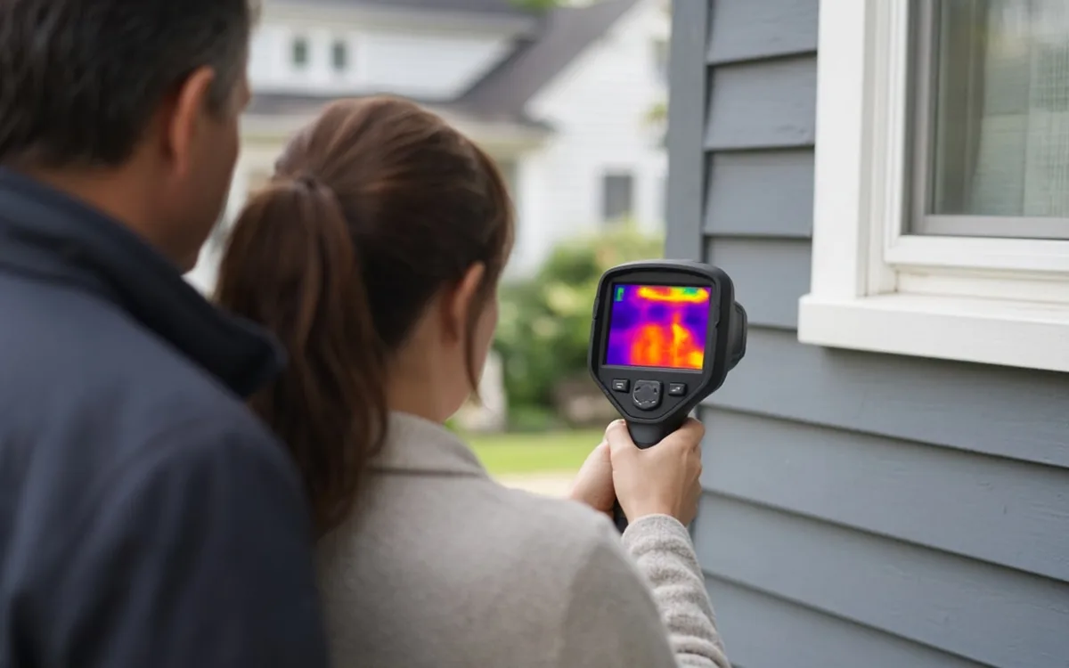 Woman pointing a handheld thermal imaging camera at a window on blue lap siding while a man looks on