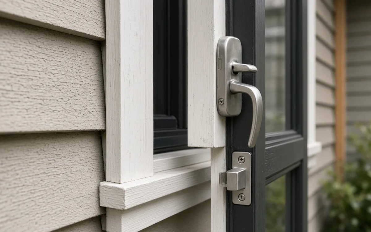 Close-up of a brushed nickel lever handle and deadbolt on a black storm door beside beige lap siding