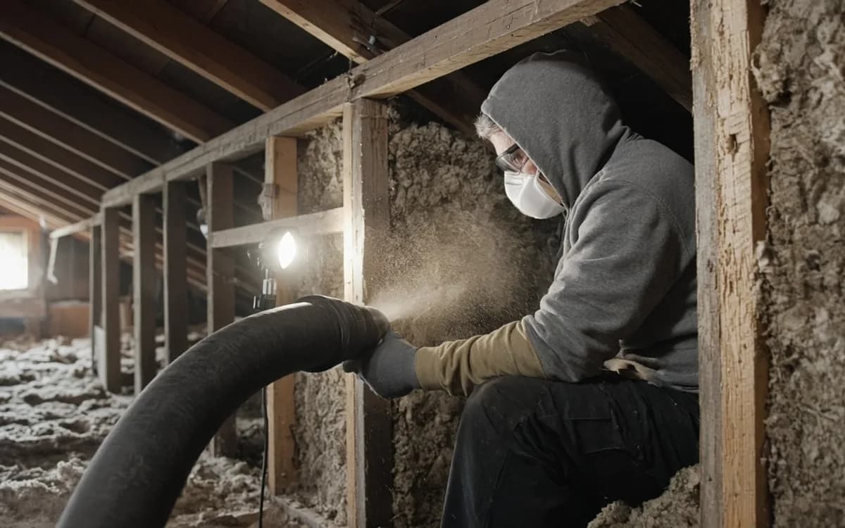 Masked worker in a grey hoodie blowing loose-fill insulation into open stud bays from a black hose