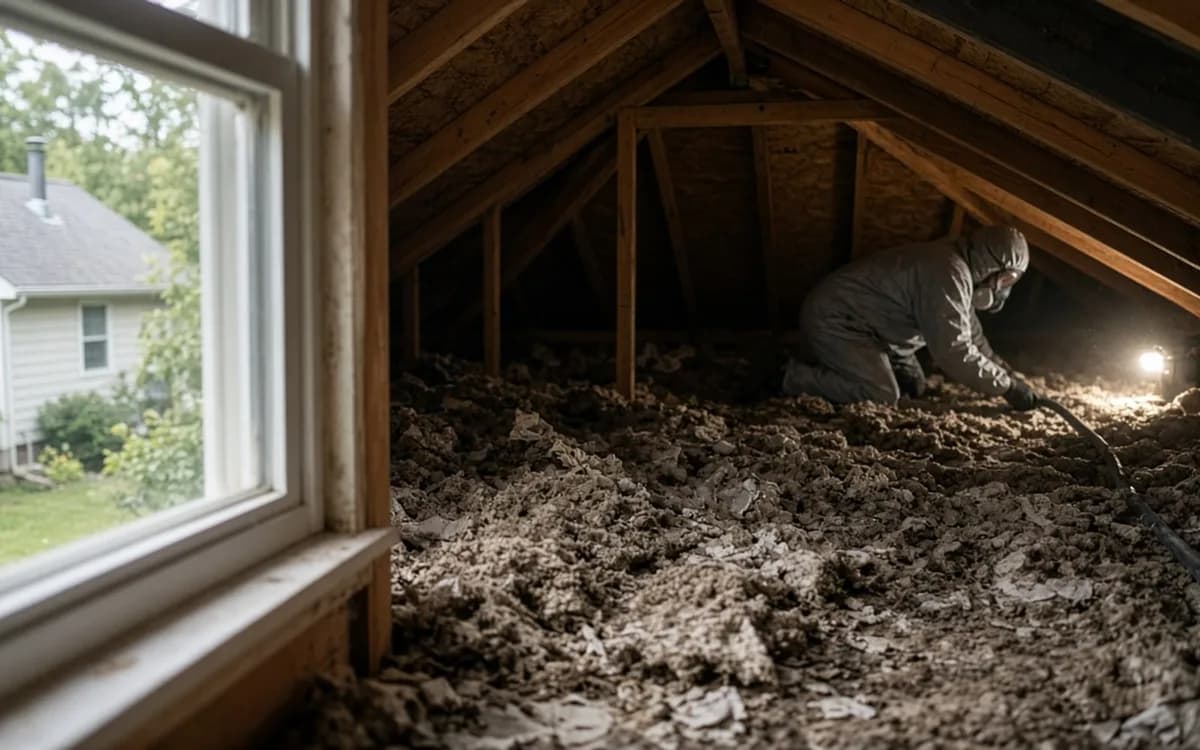 Attic with deep blown-in insulation across the floor and a suited worker by a work light under the rafters
