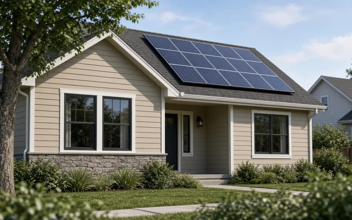 Beige single-storey house with a stone base, black-framed windows and a rooftop solar array under blue sky