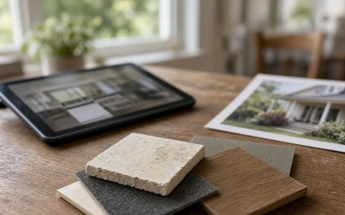 Tablet, printed photo of a house porch and stacked stone, fiber board and wood samples on a wooden table