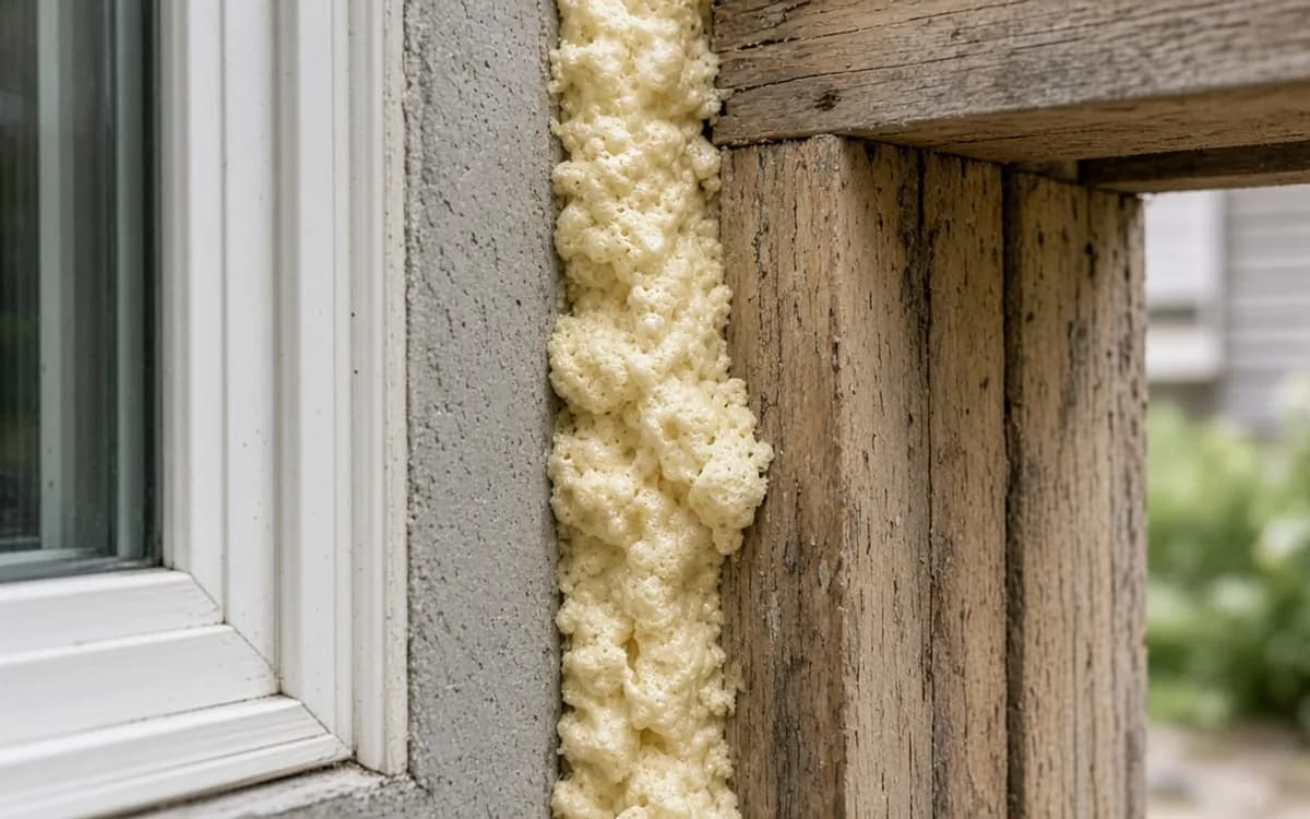 Bead of cured spray foam sealing the joint between a grey stucco window surround and weathered wood trim