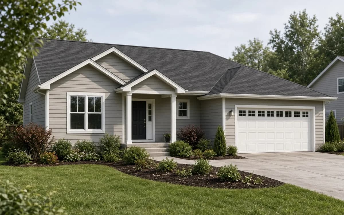 Grey ranch house with white trim, a covered front entry and an attached two-car garage beside a driveway