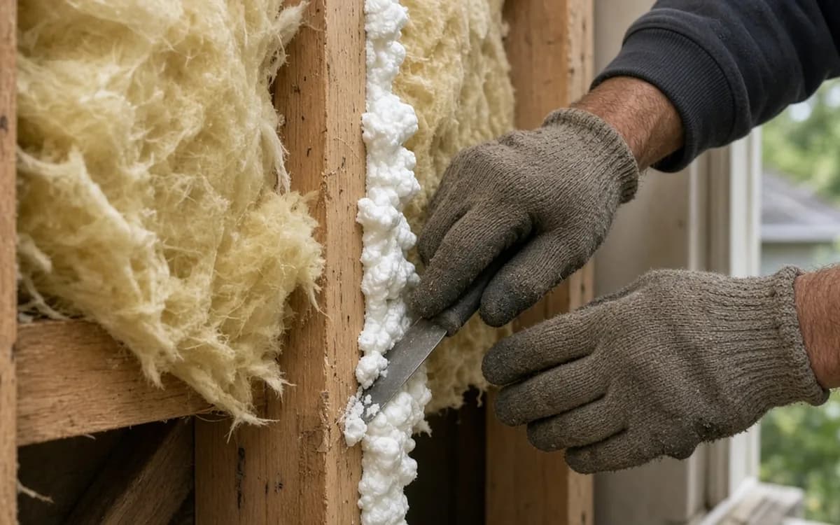 Closed-cell spray foam applied to a basement rim joist between floor joists, with sealed sill plate below