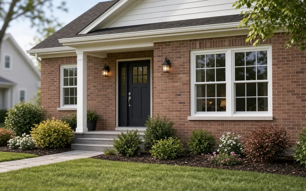 Red brick house with white double-hung windows, a black front door with lanterns and a white-columned porch