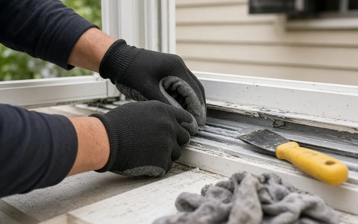 Gloved hands scraping old caulk and paint from a white window sill with a yellow-handled putty knife