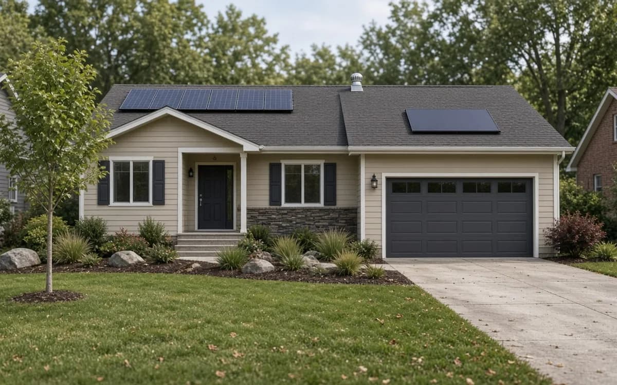 Tan house with a dark garage door, shuttered windows and solar panels on the main and garage roofs