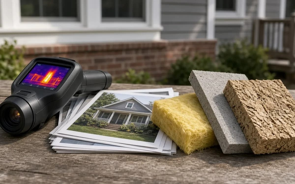 Thermal camera, printed house photos, yellow fiberglass, grey foam and cork insulation pieces on a table