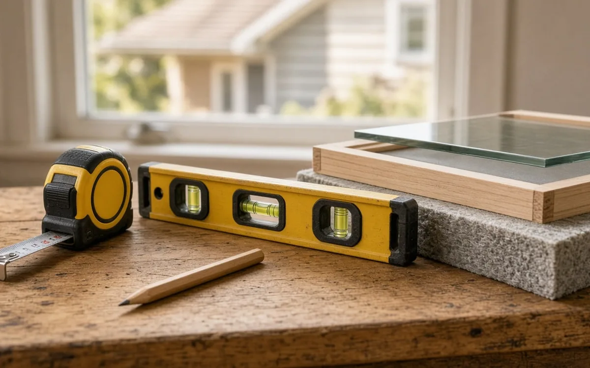 Tape measure, yellow level and pencil beside a framed glass pane on a granite slab on a wooden sill