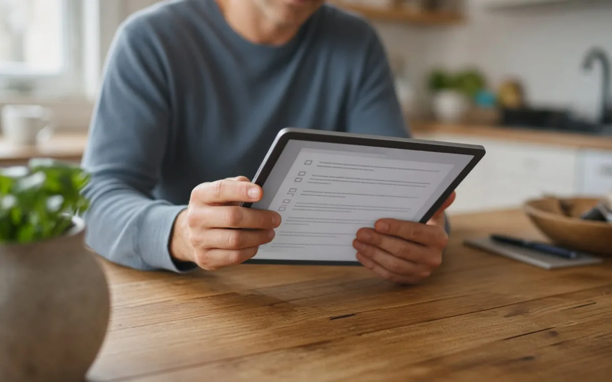 Man at a wooden kitchen table holding a tablet that shows a blank checklist with tick boxes