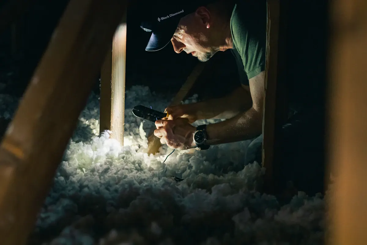 Worker inspecting insulation beneath roof framing