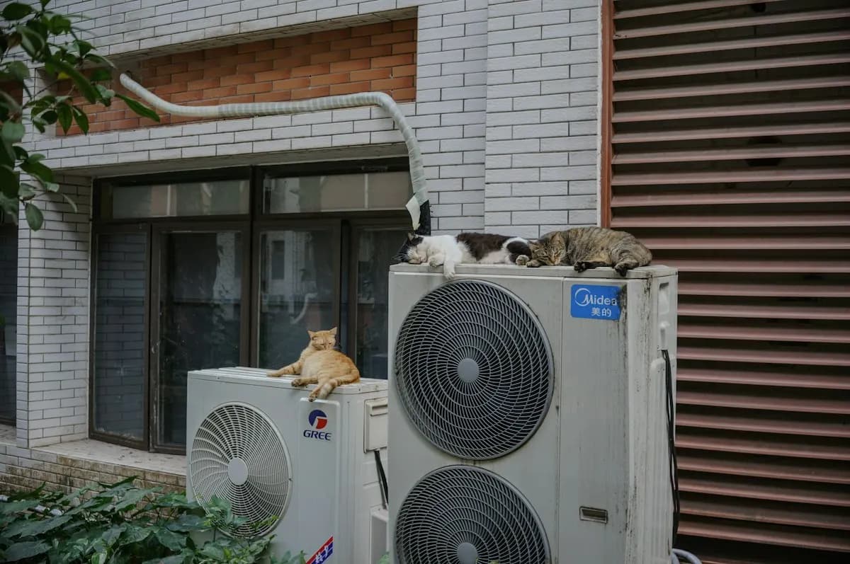 Outdoor heating and cooling units beside a utility wall