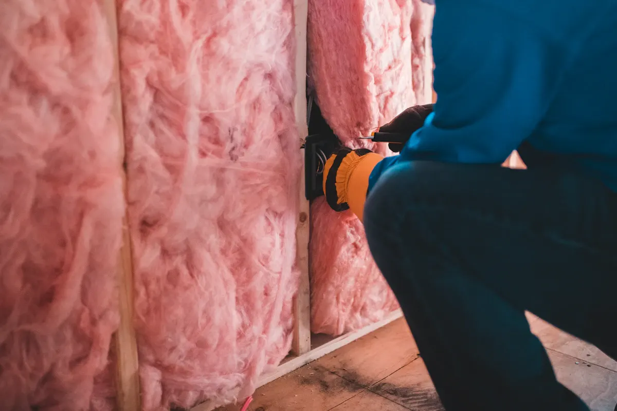 Worker fitting insulation between timber wall studs