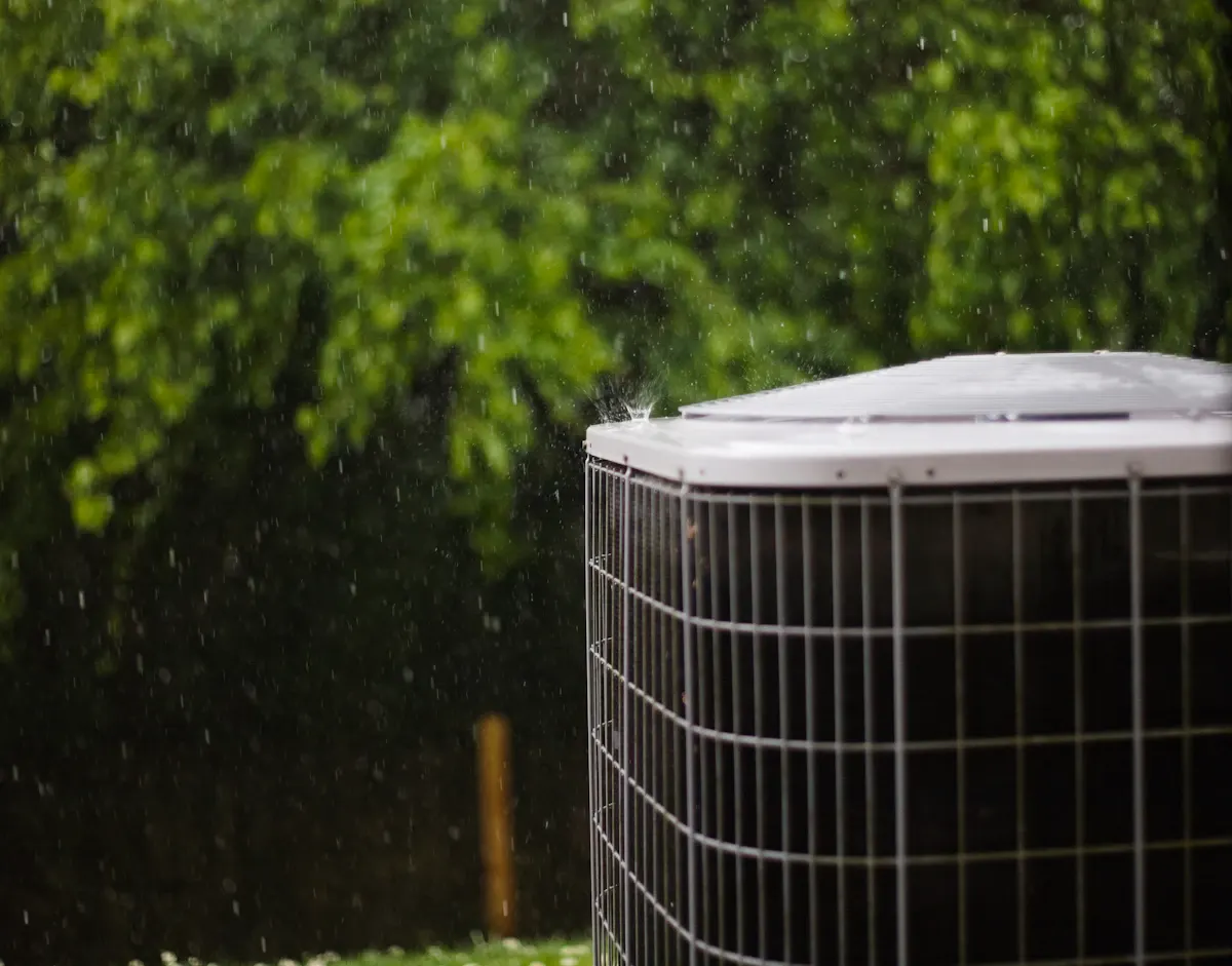 Outdoor cooling unit beside a planted garden