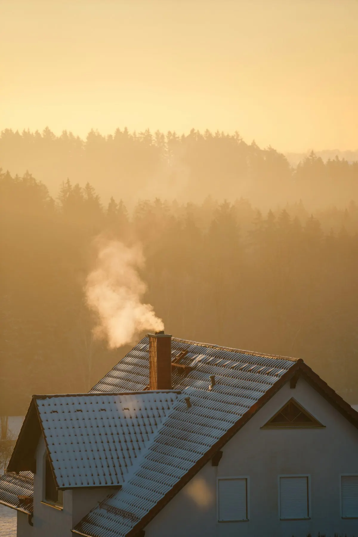 House roof and chimney in cold morning light