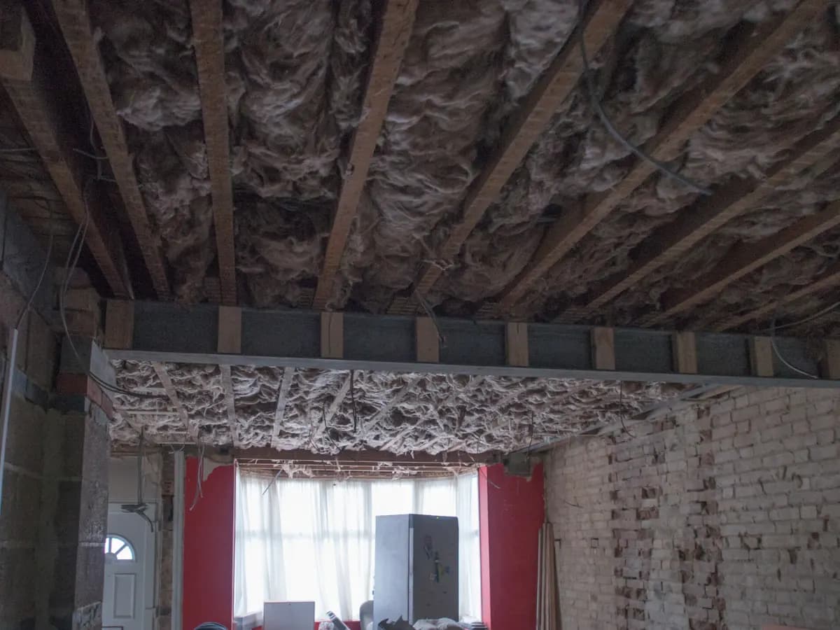 Ceiling insulation visible between timber joists