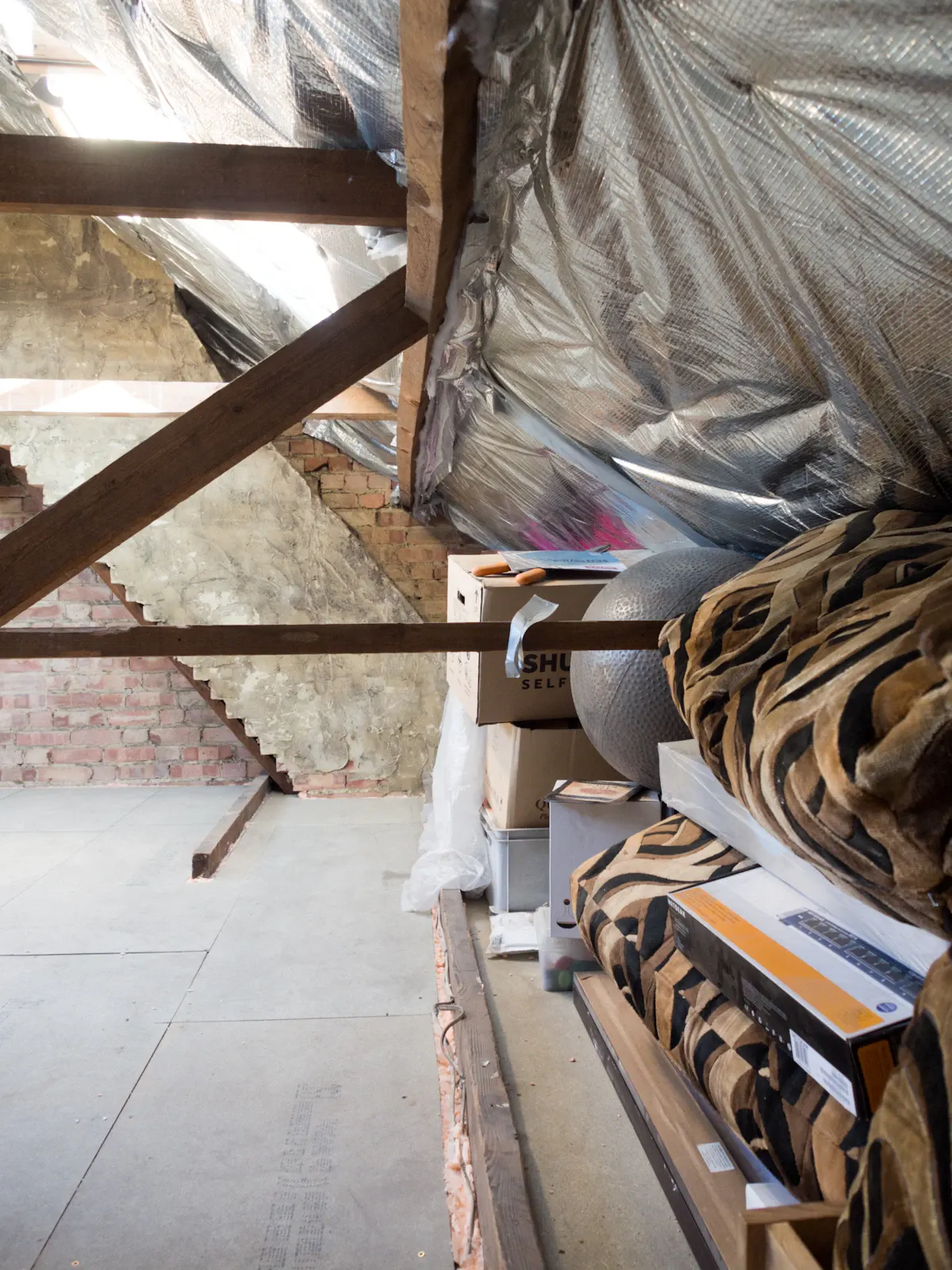 Insulated loft with exposed timber bracing
