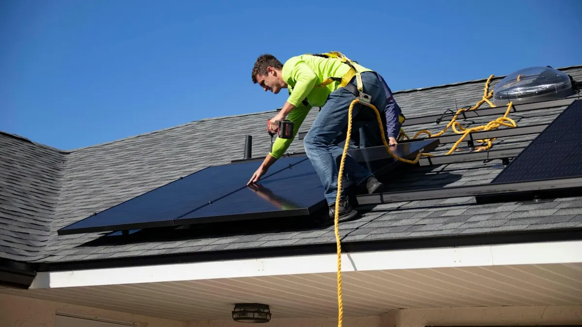Worker beside solar panels during rooftop installation